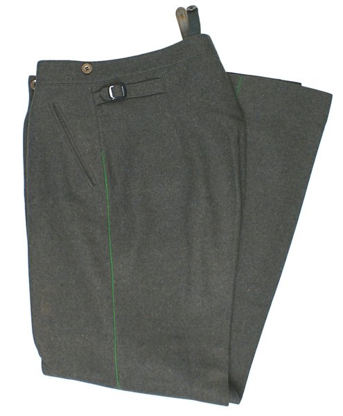 German WWII Panzer Grenadier trousers: F-46 German WWII Army Panzer Grenadier EM walking out piped trousers. Feld-grau with a light green stripe. Two small moth spots, otherwise in about excellent condition. II+