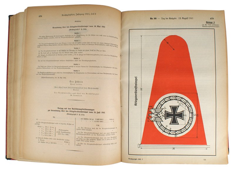 Reichsgesetzblatt Volume I German book: I-11 "Reichsgesetzblatt - Volume I...1941". National publication clarifying the laws, statutes, and procedures. Includes a full color page of the official "Navy War Service Pennant". Over 800 pages. I