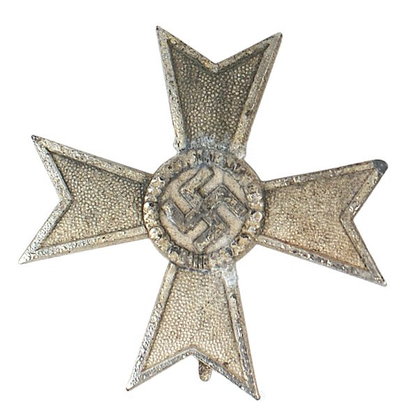 German WWII War Merit Cross 1st Class wo Swords: B-98 War Merit Cross - 1st Class without Swords. Silver stippled arms of cross with "polished" silver borders (small "bubbling"). Wide vertical pin. Reverse marked "L/11" (Grossmann + Co. in Vienna).I