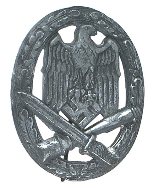 German WWII General Assault Badge Silver: B-128 General Assault Badge - Silver. Solid type. Eagle/swastika over a crossed bayonet and stick grenade on an open oak leaf wreath. Darkened patina. Sculptured reverse with a vertical pin. II