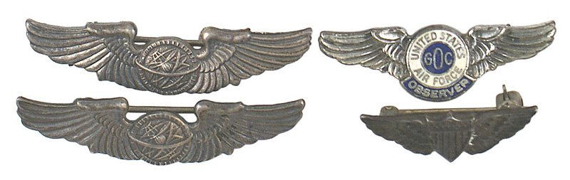 Lot of 4 mini U.S. wings WWI Pilot etc: B-191 Lot of 4 mini wings: (1) WWI Pilot - for an o'seas cap. (2) Two WWII Navigator - one marked "STERLING". (3) "UNITED STATES AIR FORCE - OBSERVER". II