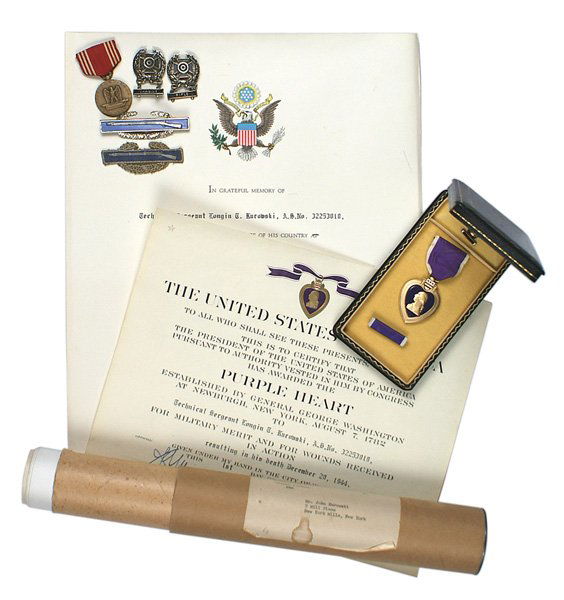 Purple Heart KIA estate lot medal document: S-8 Purple Heart KIA estate lot: (1) Medal in WWII case, with ribbon bow and lapel bar. Not named. (2) KIA award document for Dec. 20, 1944 to "T/SGT LONGIN T. KUROWSKI" "AS. NO. 32253010" while engag