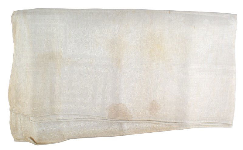 Linen table cover Adolf Hitler's Teehaus Obersalzburg: A-20 Linen table cover from Adolf Hitler's "Mooslahnerkopf Teehaus" at Obersalzburg. 33 1/2" x 32 1/2" off-white with a 4" border consisting of swastikas incorporated into a Greek key pattern. The all