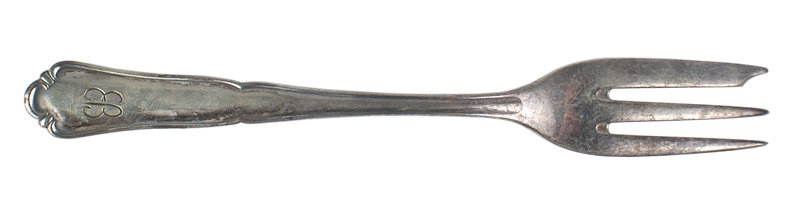 Eva Braun silvered pastry fork personal: A-34 Eva Braun pastry fork. One wide and two normal tines. "EB" butterfly pattern initials engraved on handle. Maker marked "BRUCKMANN" "90" (nickeled silver) and "18" on reverse. (The butterfly patte