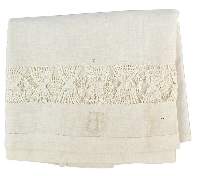 Eva Braun linen table runner personal: A-41 Eva Braun linen table "runner". 17 1/2" x 50". Each end has a 1 7/8" open panel with lace "bundles of wheat" design. A 2" border also has a relief embroidered "EB", butterfly pattern, monogram. (