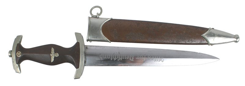 German WWII SA dagger: D-2 German WWII SA dagger. Patina on crossguards. Lower one marked "P" (Pommern). Much of the original polish remains on the blade, but reverse has several dark spots and bottom edge has one small "ni
