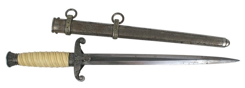 German WWII Army officer dagger: D-15 German WWII Army officer dagger. White grip. Plum patina on the silvered pommel and crossguard. Some small subdued spotting near the tip and on the reverse of the fairly clean unmarked blade. Pla