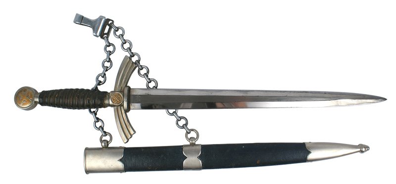 German WWII Luftwaffe 1st Model dagger: D-18 German WWII Luftwaffe 1st Model dagger. Light patina on the nickeled pommel and crossguard. Minor wear on the wire wrapped leather grip. Fairly clean "WMW - WAFFEN" marked blade. Leather scabbard