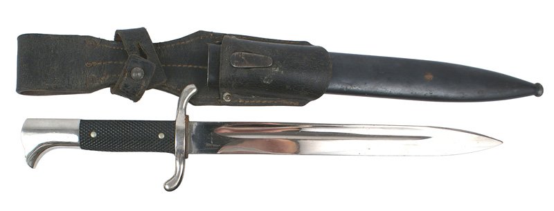 German WWII Fire Department dress sidearm: D-38 German WWII Fire Department dress sidearm. Nickeled pronounced "bird head" pommel and "5" crossguard. Black bakelite checkered grips. Clean 9 3/4" blade marked with the seated squirrel "Eickhorn 