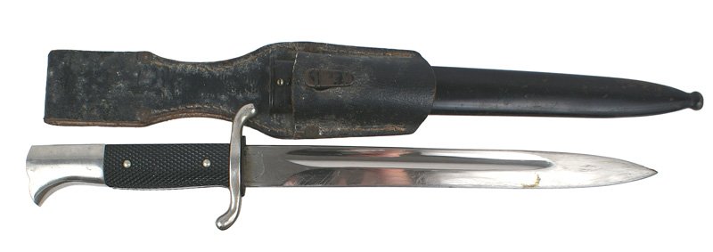 German WWII Fire Department dress sidearm: D-39 German WWII Fire Department dress sidearm. 9 7/8" clean blade - was slightly sharpened towards tip. Marked with logo and "TIGER - SOLINGEN". Correct black enameled scabbard (some scratches near t