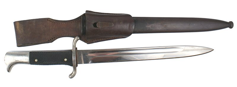 German WWII Fire Department dress sidearm: D-40 German WWII Fire Department dress sidearm. Clean 9 3/4" blade with logo and "E. PACK + SOHNE - SOLINGEN". Extreme edge has been sharpened. With correct scabbard (some finish worn) and brown leath