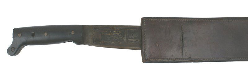U.S. WWII machete COLLINS: D-71 U.S. WWII machete. 22" blackened blade marked "HERRAMIENTAS COLLINS S.A.". Paper label still affixed to blade. Military type hard leather scabbard (one horizontal split) with a belt hook. Marked