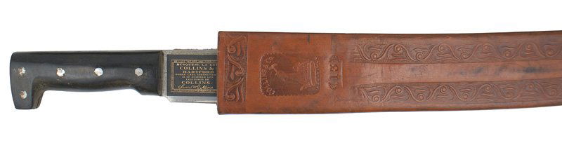 U.S. Collins pre-war commercially sold machete: D-72 U.S. Collins pre-war commercially sold machete. Squared off pommel on the black plastic grip. 22 1/4" clean steel blade - marked with a logo and "LEGITIMUS COLLINS & CO. - MADE IN USA - No. 128".