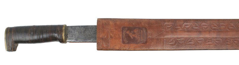 U.S. WWII GI altered Collins machete: D-73 U.S. WWII GI altered Collins machete. 18" blade - marked "COLLINS & CO...". Gray/black patches. Handle was replaced with brass ovals on each end of the leather rings. Tooled leather scabbard as a