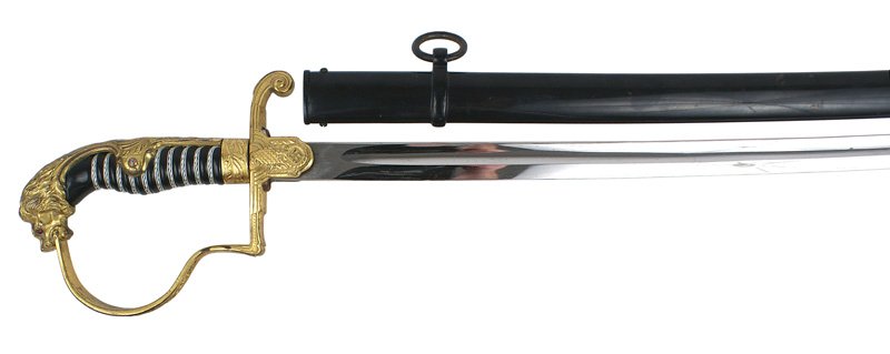 German WWII Blucher pattern Army sword: D-93 German WWII "Blucher" pattern Army officer dress sword. Gilt elongated lion-head (with red glass eyes) pommel/relief floral back strap. Oak leaf decorated reverse "P" knuckle-bow. Extended wing e