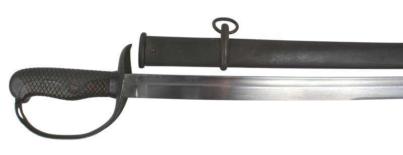 Japanese WWII cavalry sword: D-100 Japanese WWII cavalry sword. 100% blue finish on checkered steel back strap/pommel/knuckle-bow and guard. Checkered wood grip. 30 1/2" excellent blade stamped with the serial number "20941". Per