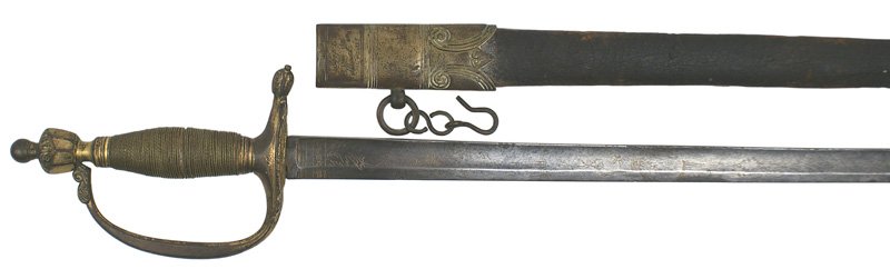 British 18th century Infantry officer sword: D-110 British 18th century Infantry officer's sword. Gilt brass urn-shaped pommel with a ball top and a reverse "D" knuckle-bow. Gilt brass cord wrapped grip. Both sides of the kidney-shaped guard hav