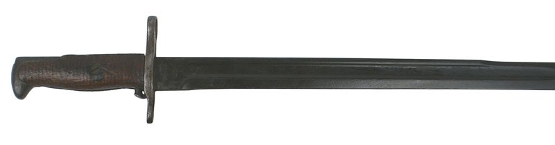 U.S. M1905 bayonet 1903 Springfield: D-145 U.S. M1905 bayonet for the 1903 Springfield. 15 5/8" blade is marked with "SA", a flaming grenade, "1908", "US" and a serial number. Was re-blued some time ago - fine pitting visible. Wood grips