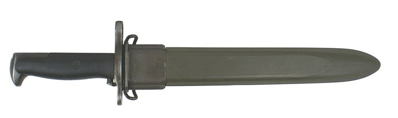U.S. M1905 E1 bayonet factory cut down: D-148 U.S. M1905 E1. An M1905 factory cut down to 9 7/8" with the fuller extending to the point. 98% finish marked with the flaming grenade, "SA", "1906", and "US 39832". Black bakelite grips. OD fibe