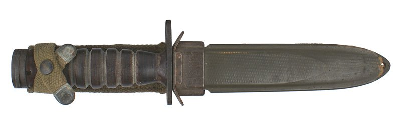 U.S. M4 bayonet knife: D-151 U.S. M4 bayonet/knife 6 3/4" parkerized blade. Leather "rings" handle with dark parkerized pommel and crossguard marked "USM 4 - IMPERIAL" with a flaming grenade. Wed belt loop and retaining str