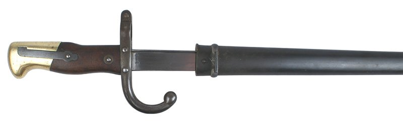 French M1874 Epee bayonet Gras Rifle: D-160 French M1874 "Epee" bayonet - used on the Gras Rifle. The wood grip has an unusual "hump", brass pommel, steel muzzle ring and turned-down quillon. Clean 20 5/8" "T" back blade - marked with hal