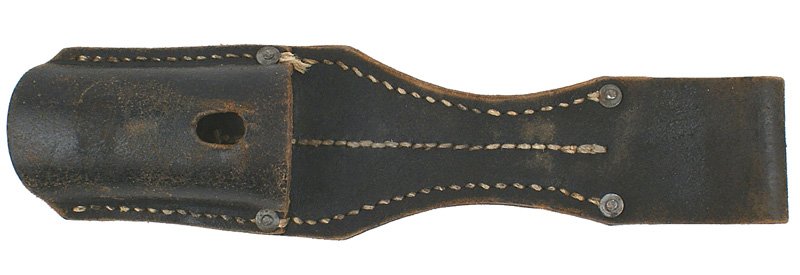 German WWII Navy K98 bayonet frog: D-165 German WWII Navy K98 black leather bayonet frog. Marked with an eagle/swastika over "M". About II