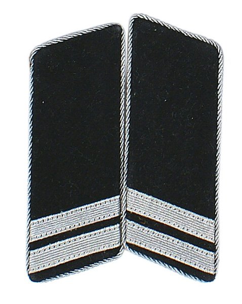 German WWII Eastern Volunteer collar tabs: H-72 Eastern Volunteer officer type collar tabs. Two silver "tape" bars and silver bullion wire piping on black velvet tabs. Excellent. II