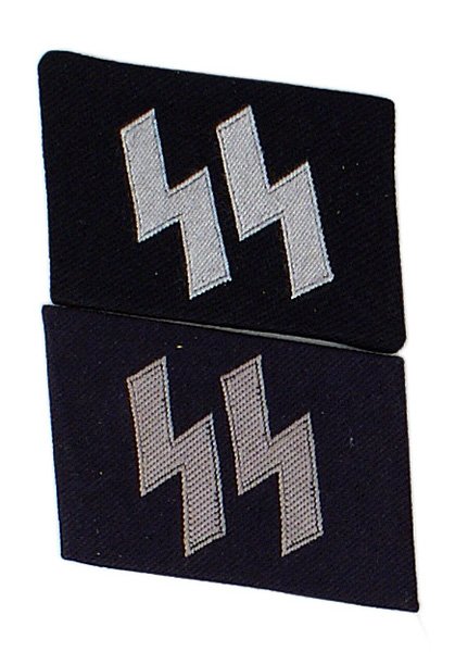 Lot 2 German WWII W-SS collar tabs: H-149 Lot of 2 Waffen-SS EM collar tabs. Bevo embroidered silver-gray "SS" runes on black gabardine. II+