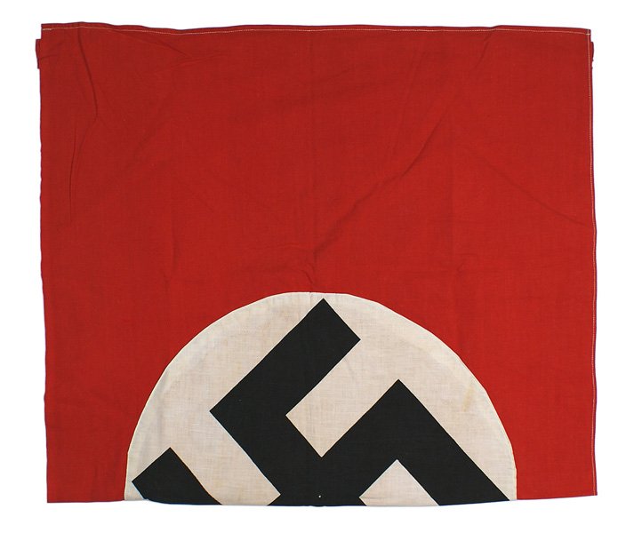 German WWII NSDAP Flag: H-173 NSDAP Flag. Black printed swastika on a white disc sewn to a red field - 23 1/4" x 40". II