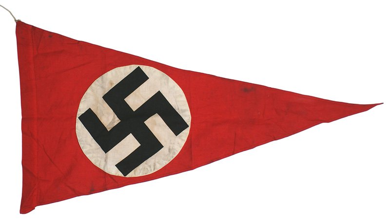 German WWII NSDAP pennant: H-180 NSDAP pennant. Printed swastika on a white disc sewn to a red field 15 1/2" x 29". About II