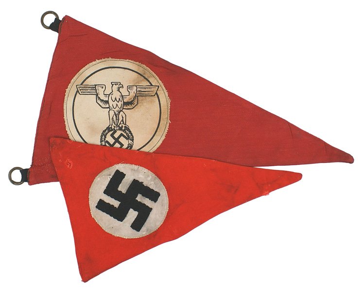 Lot 2 German WWII pennants NSDAP SA: H-183 Lot of two automobile fender pennants: (1) NSDAP Black bevo embroidered swastika on a white disc sewn to a red field. 5 1/8" x 8". Some wear. (2) SA. Black printed "Feldherrenhalle" type eagle/s