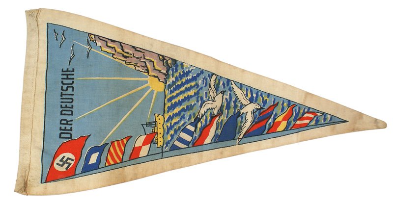 German WWII KDF ship pennant: H-185 KDF (National recreation organization) ship's multi-color party pennant. View of a cruise ship, rising sun on the horizon, N.S.D.A.P and signal flags, seagulls, and "DER DEUTSCHE". Two sides. 15