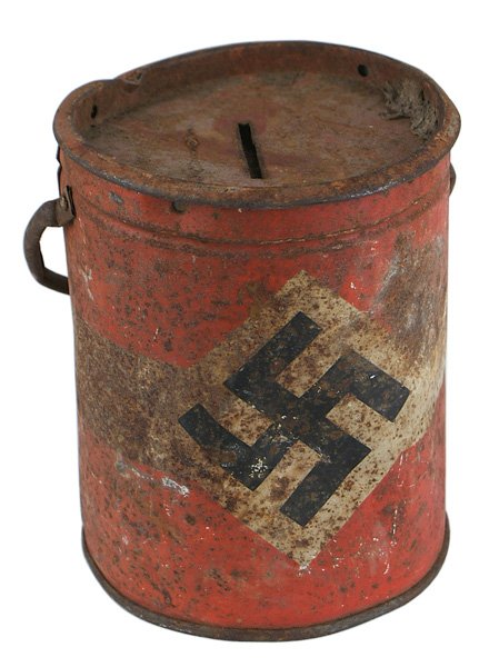 German WWII Hitler Youth collection can: H-197 Hitler Youth young girl's collection can. Painted tilted swastika on a white diamond against a red field. Reverse has white lettering "DJM" on a black triangle. 4 3/4" tall. III