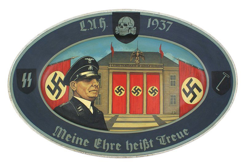 Post-WWII painted German platter SS: H-301 A post-war painted original period large heavy oval porcelain serving platter. A colorful scene of an SS man in front of the RK building - decorated with Nazi flags and huge banners. Slanted rim