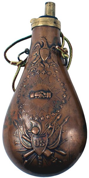 U.S. peace flask reproduction: H-303 U.S. peace flask. Aged copper-with an American eagle, clapsed hands within a starburst/ring of stars and a panoply of weapons with a "US" shield. Two-sided. A good reproduction. The brass cap is
