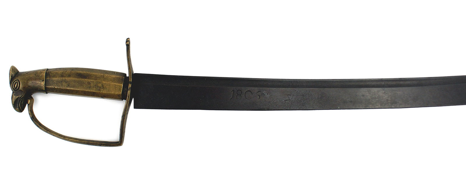 American Artillery Officer Sword 1780-1790: K-003 American Artillery Officer's Sword 1780-1790. Entire brass hilt cast in two sections, the grip and stylized eagle head pommel, and the knuckle-bow and quillon. Ferrule is missing. The blade is a