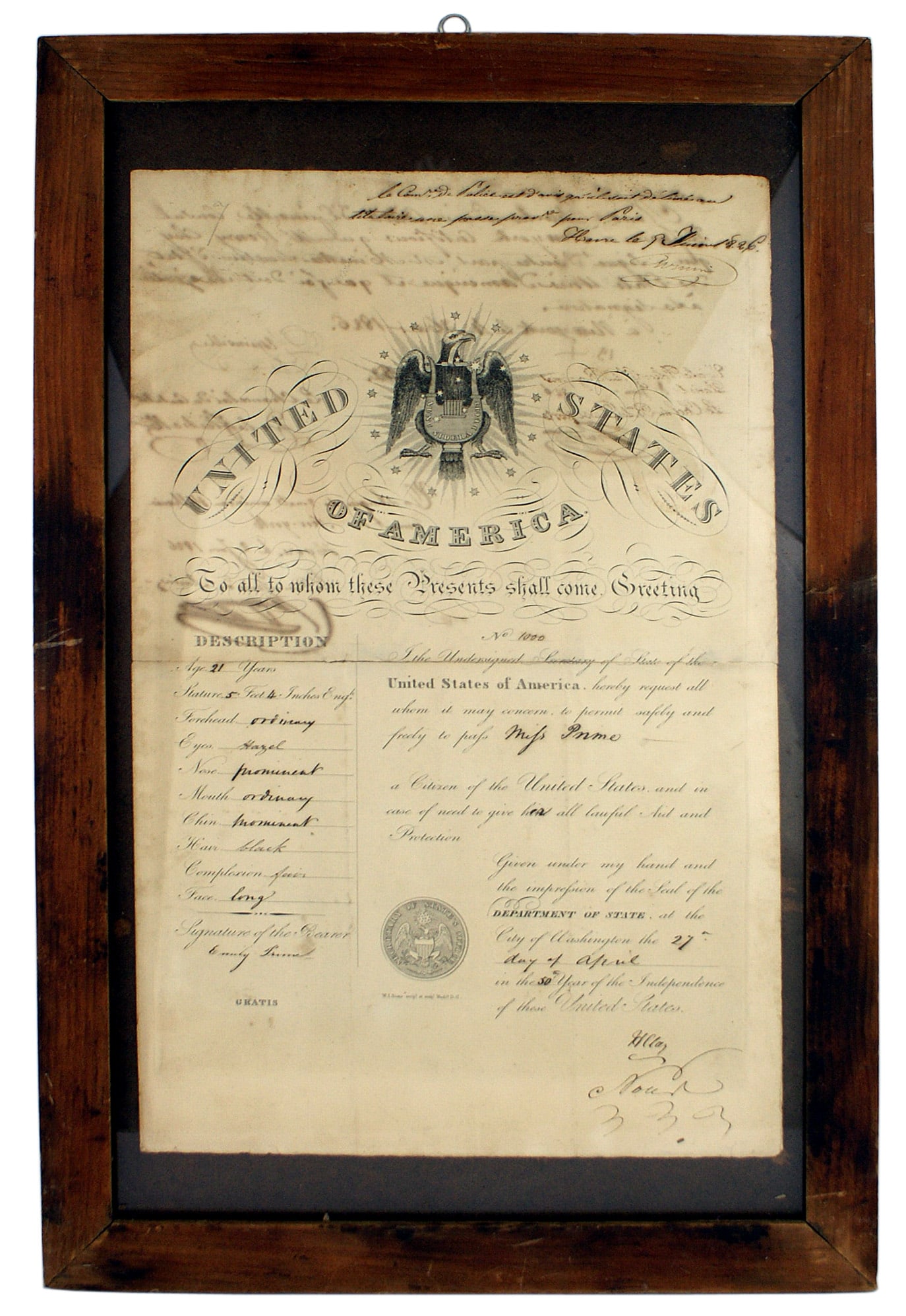 US 1826 document of Safe Passage Henry Clay (1 of 3)