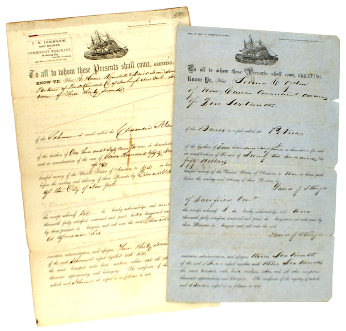 3 nautical sale documents 1857 1860 1868: K-009 Lot of 3 nautical documents: (1) 1857 sale of the Schooner called Cassandria Selan Dewoorf for the sum of $750 lawful money of the United States of America. The purchase by Edward Y. Wicks inclu