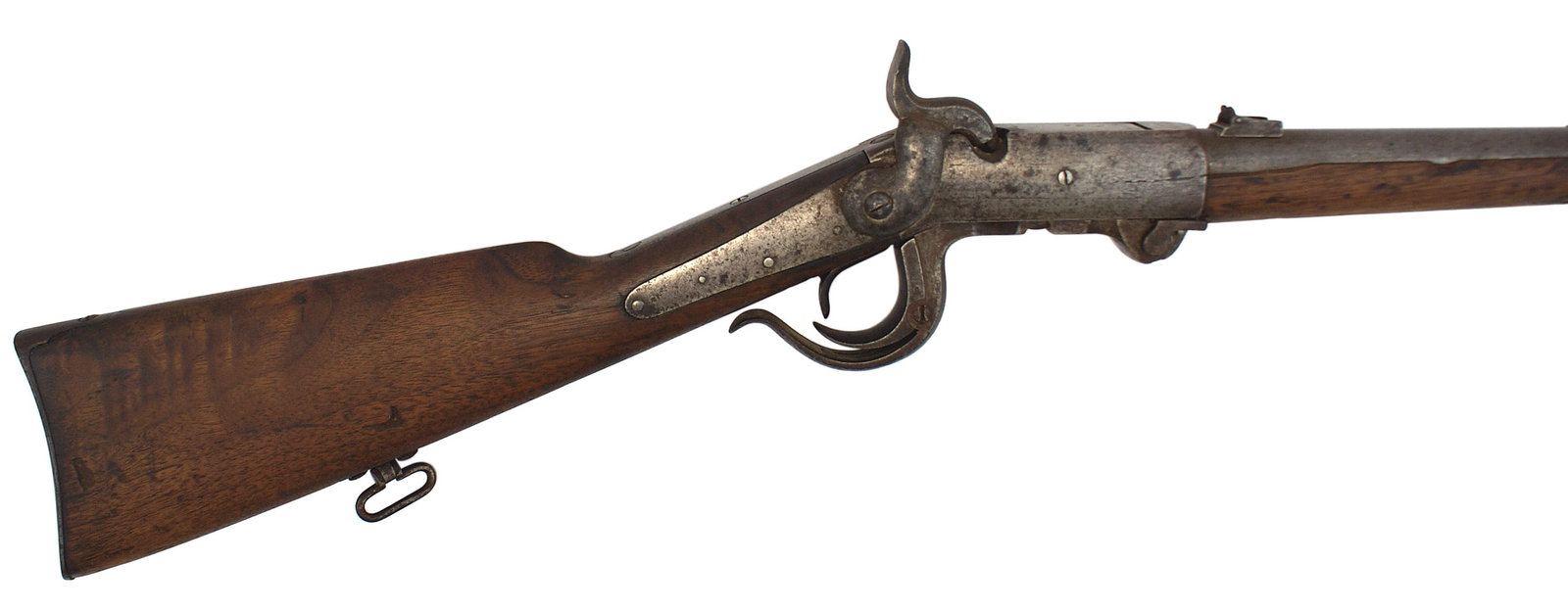 US Civil War Burnside Carbine 54 caliber: K-010 U.S. Civil War Burnside Carbine. 54 caliber percussion breech loader. 21" round barrel. Top of frame marked "BURNSIDE PATENT MARCH 25, 1856. Serial number "16809". Barrel marked "CAST STEEL - 18
