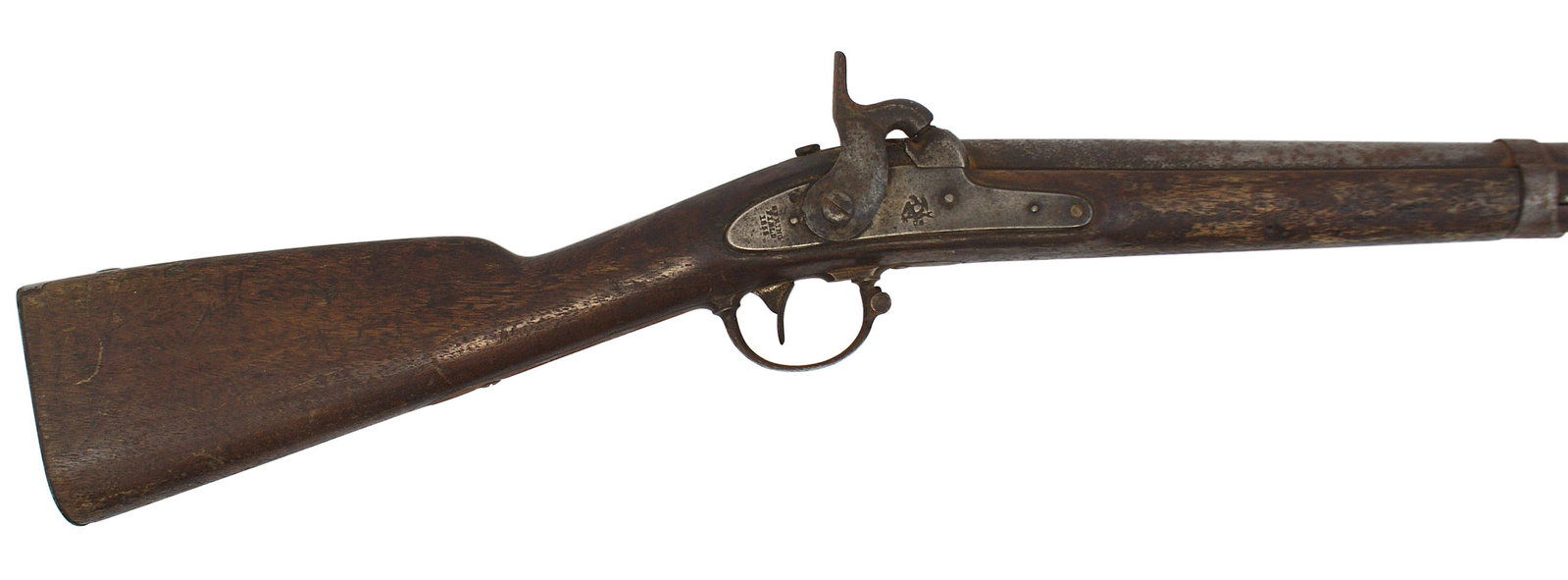Civil War Model 1842 US Percussion Musket: K-012 Civil War Model 1842 U.S. Percussion Musket. Bolster conversion. Single shot muzzle loader, 42" round barrel, secured by three-barrel bands. Original was a bright finish, now a gray with dark pa