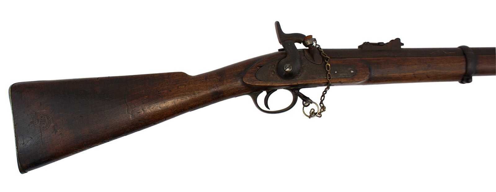 Confederate imported British Enfield Rifle Musket: K-013 Confederate imported British pattern 1853 Enfield rifle musket. Full stock with browned 40" barrel with proofs, 3 bands, lockplate - "Tower 1862"/crown, hammer, trigger guard and buttplate. Stam