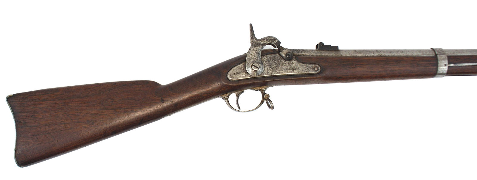 Civil War M1861 Springfield Percussion rifle musket: K-014 Civil War M1861 Springfield Percussion rifle-musket. 58 cal. Single shot muzzle loader. 40" round barrel, three barrel bands and clean - out screw on holster. Lockplate is dated "1862" Eagle mot