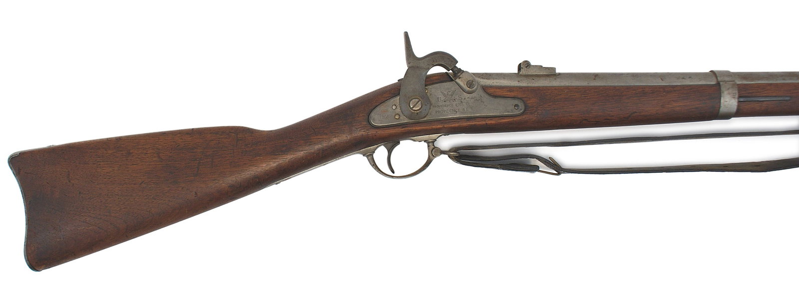 Civil War contract musket 1861 Springfield: K-015 Civil War contract musket modeled after the 1861 Springfield Rifle Musket. Bright metal clean lockplate with "U (American eagle) S", - "PROVIDENCE TOOL CO. - PROVIDENCE R.I. CO." AND "1864" BEHI