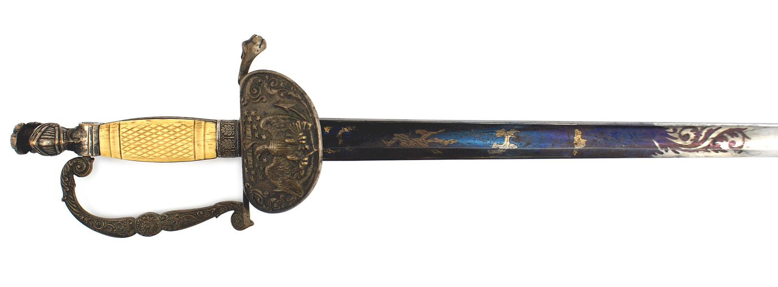 American Naval Officer M1830 sword: K-018 American Naval Officer M1830 sword. Brass knight's helmet pommel and floral decorated reverse "D" knuckle-bow and large counter guard. High relief American eagle on a fouled anchor is surrounded