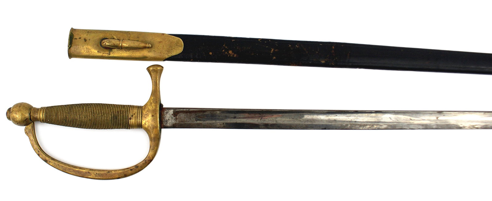 Civil War used Model 1840 Musician Sword: K-023 American Civil War used Model 1840 Musician's sword. All brass cast grip with a ball top pommel, ribbed grip (to appear wire wrapped) and one piece knuckle-bow/crossguard. 24" straight blade wit