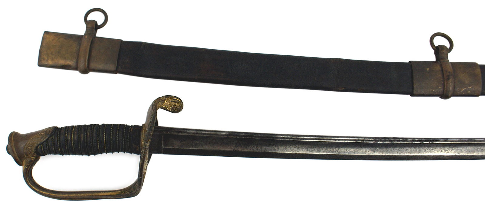 US M1850 type Staff Field Officer Sword: K-025 American M1850 type Staff and Field officer's sword. Brass Phrygian helmet type pommel decorated with floral sprays and a U.S. shield. Reverse "D" knuckle-bow continues downward with reverse hal