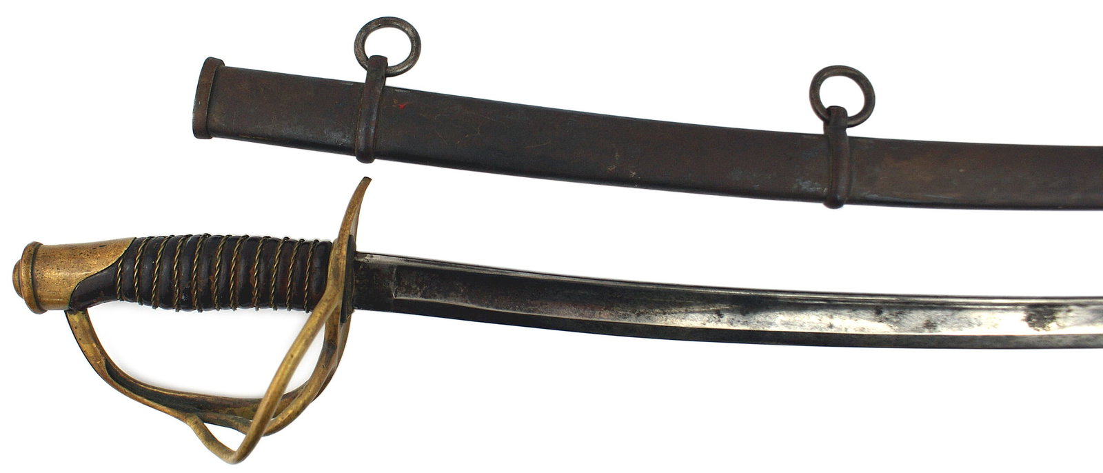 US Light Cavalry Saber Model 1860 sword: K-029 American Light Cavalry Saber Model 1860. Brass oval pommel cap, three-branch guard culminates into an oval flat guard. 34 5/8 curved blade with a 26 3/4" fuller. Ricasso is marked "U.S. ADK...