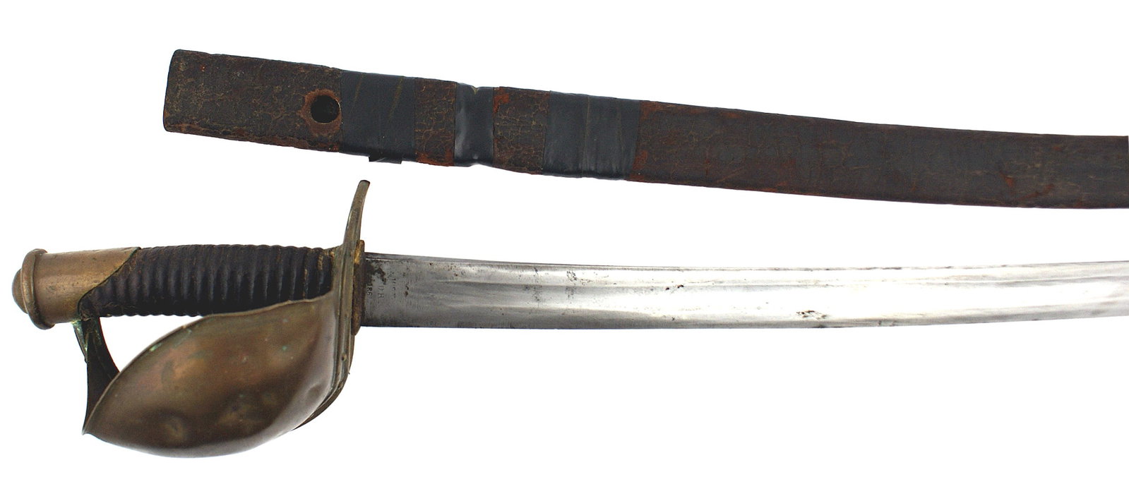 US Navy 1862 cutlass sword: K-030 U.S. Navy 1862 cutlass. Brass pommel cap and large bell guard (several dents). 26" blade has been cleaned and is starting to darken. Leather on grip is missing the wire wrap. Original black