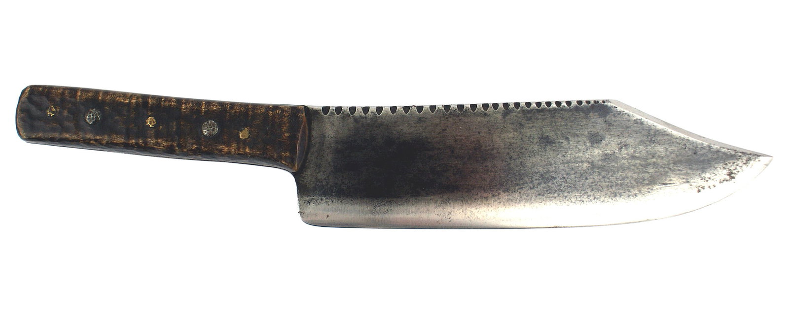 Early American made Bowie knife: K-031 Early American made Bowie knife. Massive 2" x 8" steel blade with a 3" false edge and false "saw back" spine. Blade is marked "150" ,"solid steel... ER... BROS - TRADE MARK" with a logo of an ar