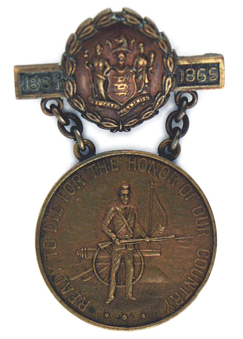 New Jersey Civil War medal VETERANS: K-036 U.S. New Jersey Civil War medal for "VETERANS of the UNION FORCES". Obverse has a union soldier and a cannon. Attached by a chain hanger to a pin-back bar with the state coat-of-arms. Serial
